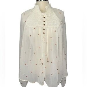 Free People blouse peasant style 1/2 button down w/tie long sleeves size small